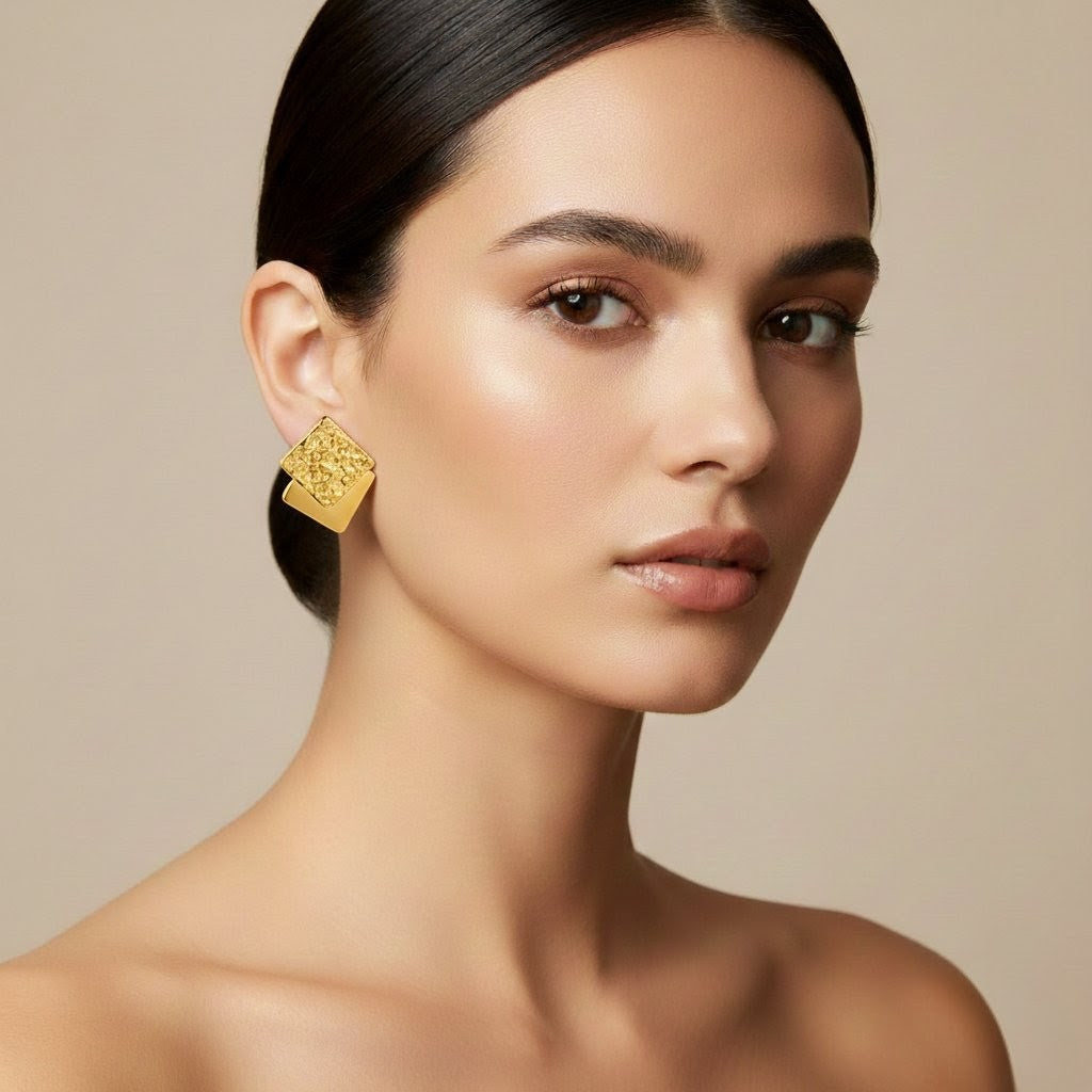 Ora Petra Square Earrings, 18K Gold Plated Steel