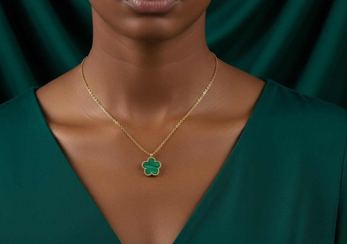Ora The Clover Necklace Green, 18K Gold Plated